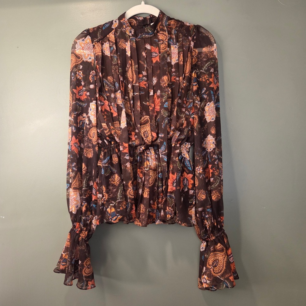 Hemant & Nandita Women's XS Pleated Top Peplum Blouse Floral Print Brown Multi